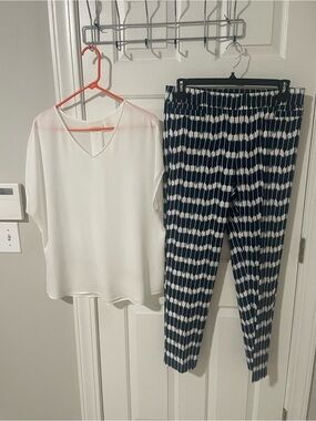 White V-Neck Blouse & Navy Patterned Pants Set large sheragano